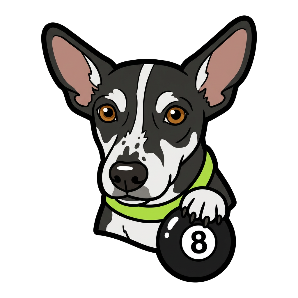 Teez'um dog mascot with an 8-ball